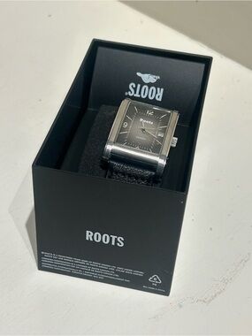 Roots Black and Silver Rectangular Leather Strap Watch